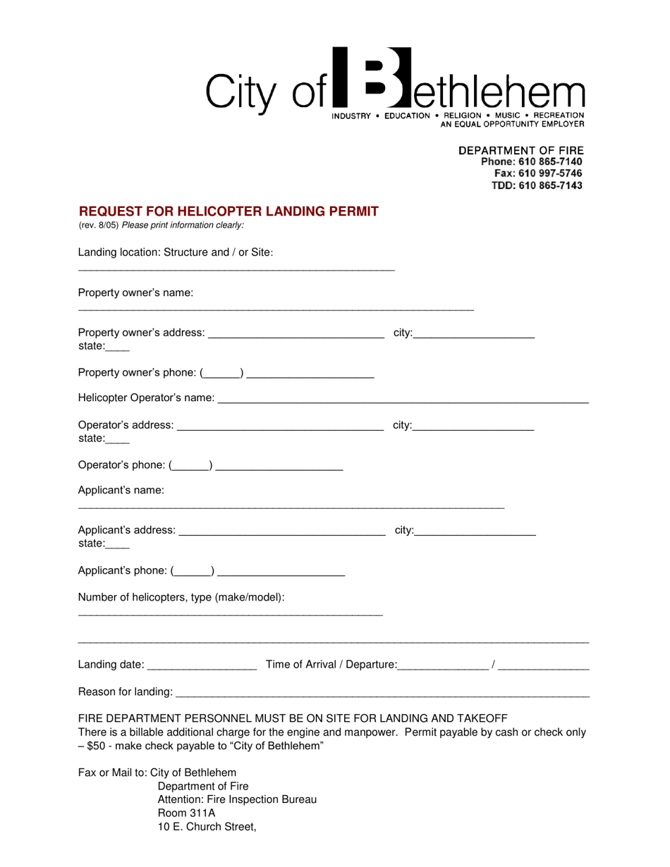 Request for Helicopter Landing Permit - City of Bethlehem, Pennsylvania, Page 1