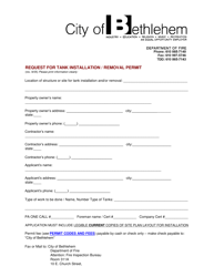Document preview: Request for Tank Installation/Removal Permit - City of Bethlehem, Pennsylvania