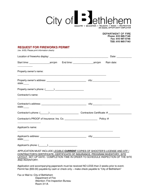 Request for Fireworks Permit - City of Bethlehem, Pennsylvania