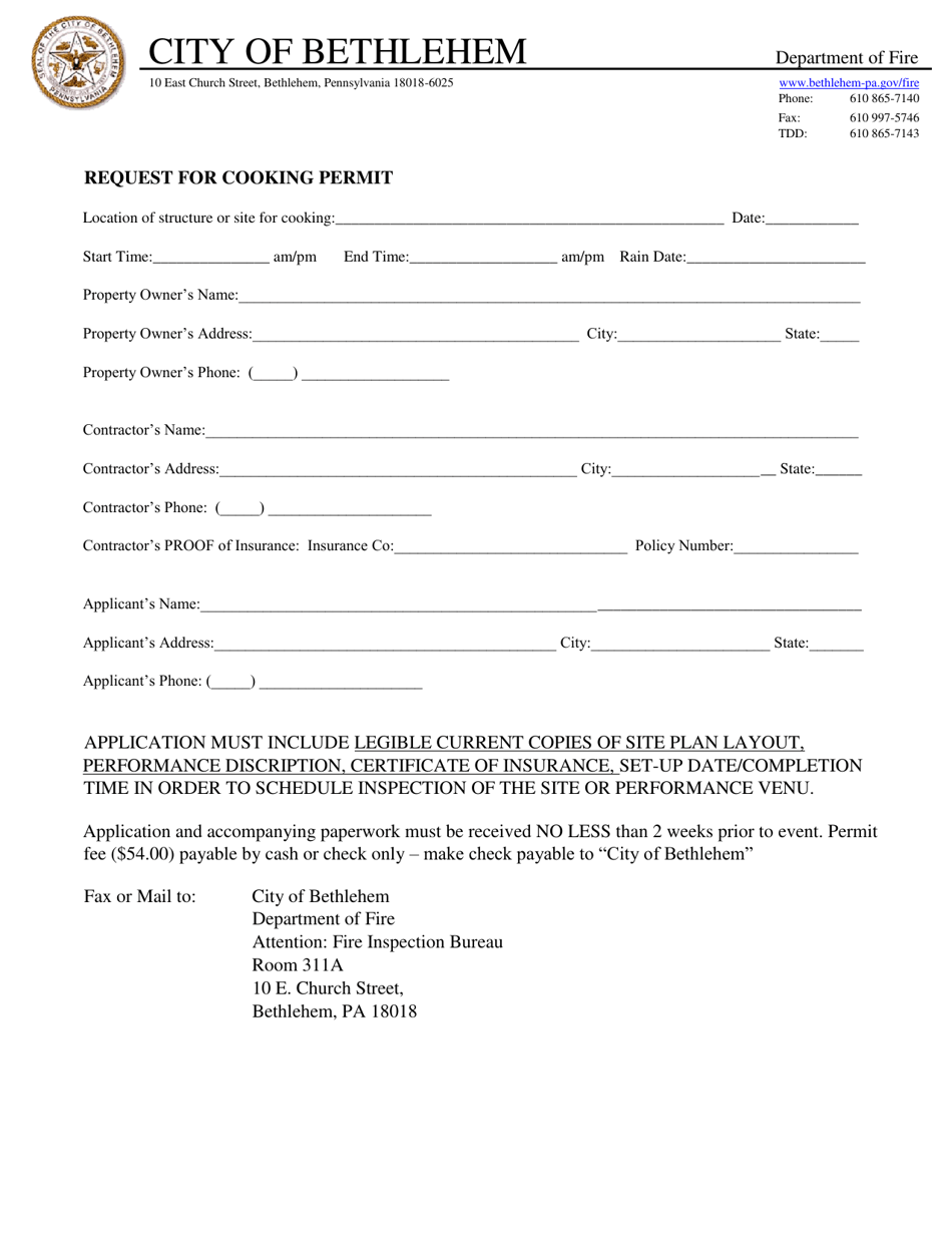 City of Bethlehem, Pennsylvania Request for Cooking Permit Fill Out