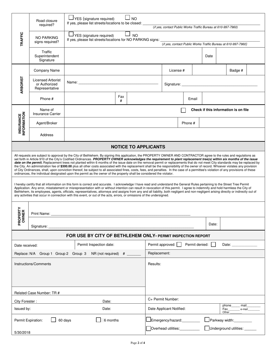 Street Tree Permit Application - City of Bethlehem, Pennsylvania, Page 2