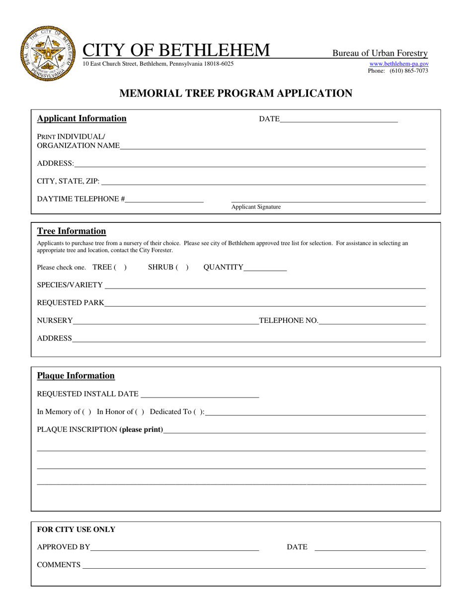 City of Bethlehem, Pennsylvania Memorial Tree Program Application