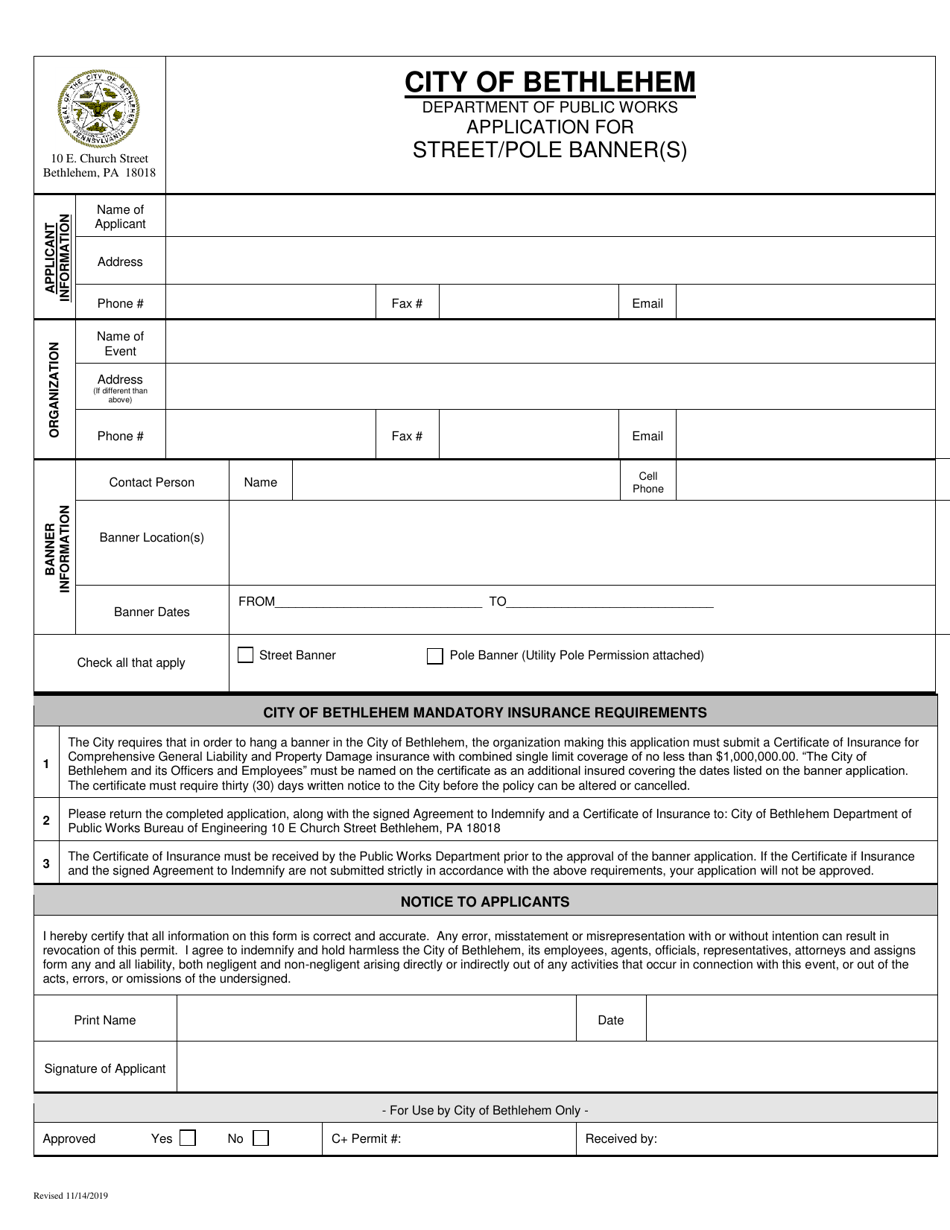Application for Street / Pole Banner(S) - City of Bethlehem, Pennsylvania, Page 1