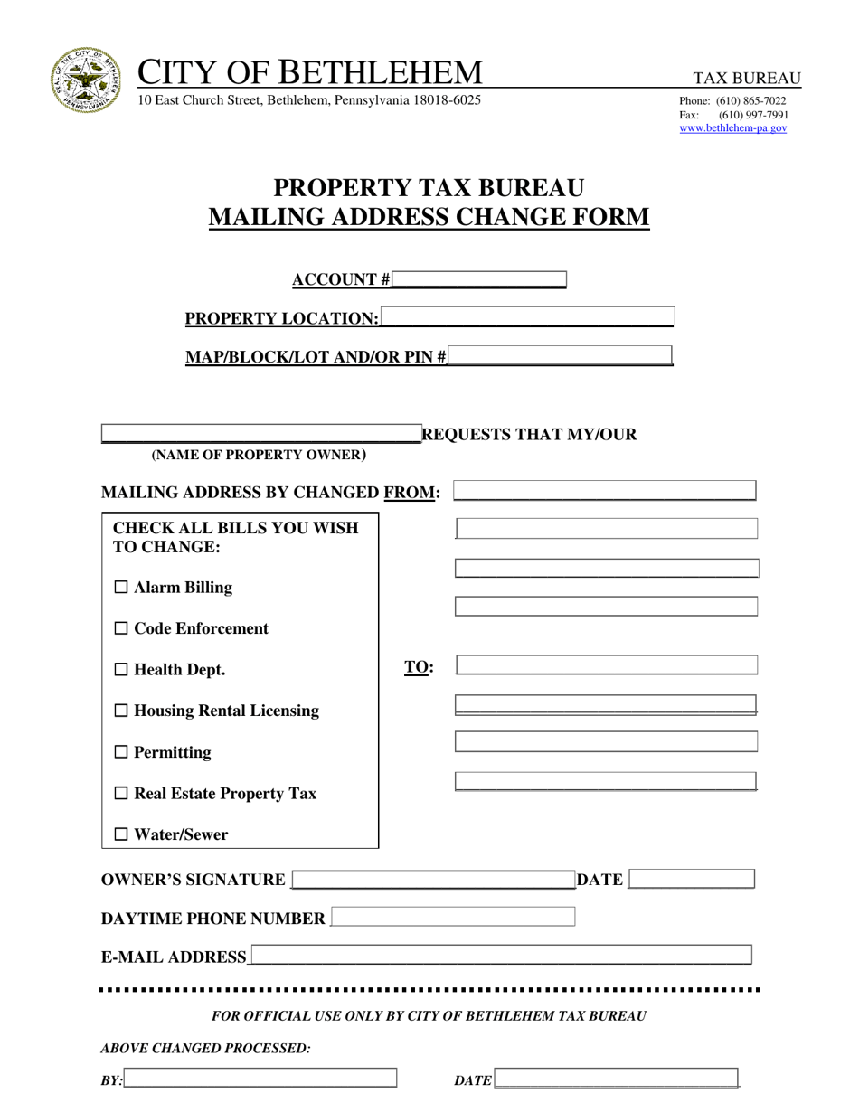 City of Bethlehem, Pennsylvania Mailing Address Change Form Fill Out