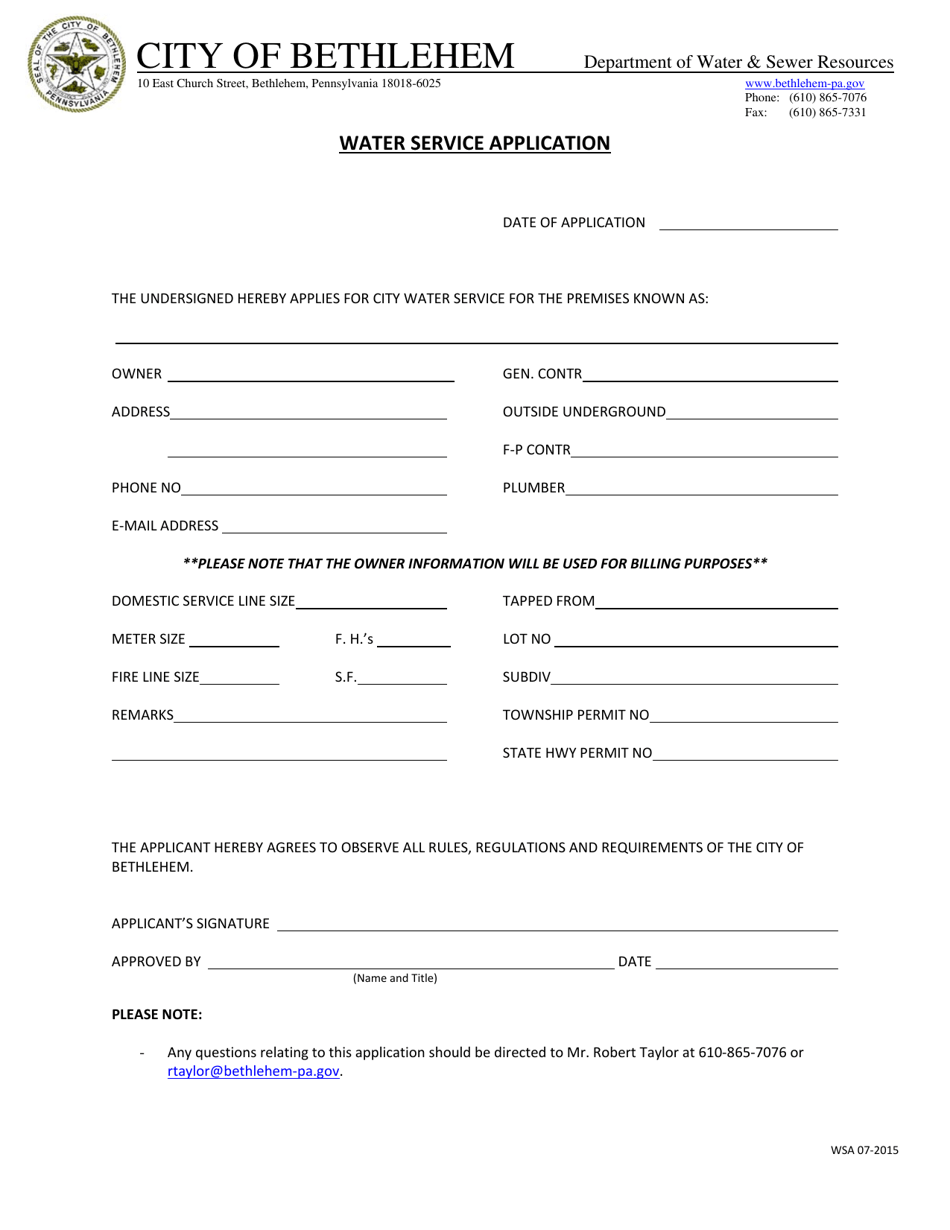 Water Service Application - City of Bethlehem, Pennsylvania, Page 1