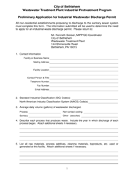 Preliminary Application for Industrial Wastewater Discharge Permit - Wastewater Treatment Plant Industrial Pretreatment Program - City of Bethlehem, Pennsylvania