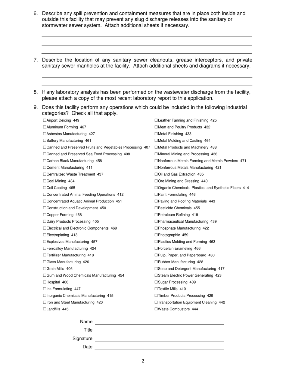 Preliminary Application for Industrial Wastewater Discharge Permit - Wastewater Treatment Plant Industrial Pretreatment Program - City of Bethlehem, Pennsylvania, Page 2