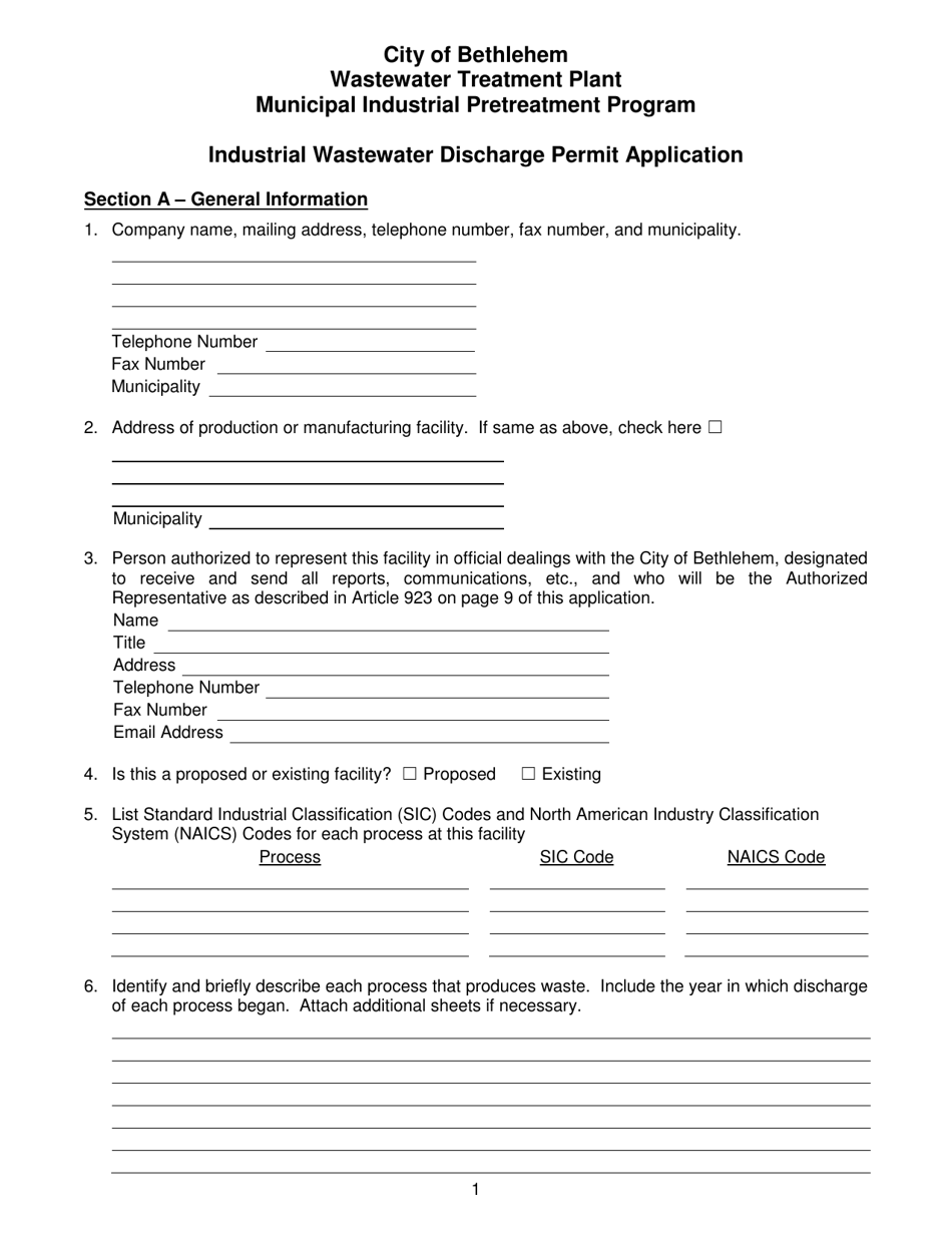 Industrial Wastewater Discharge Permit Application - Municipal Industrial Pretreatment Program - City of Bethlehem, Pennsylvania, Page 1