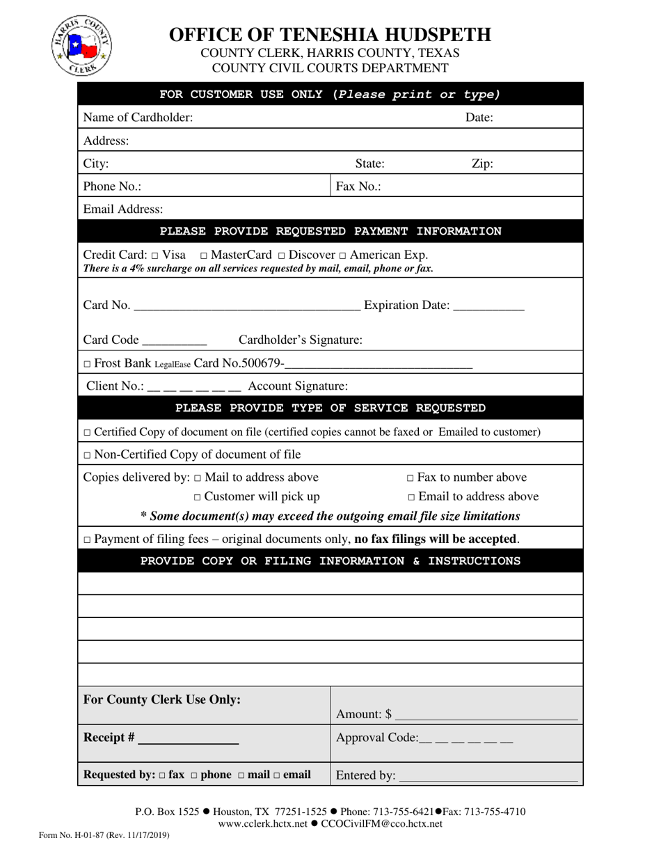 Form H-01-87 Credit Card Authorization Form - Harris County, Texas, Page 1