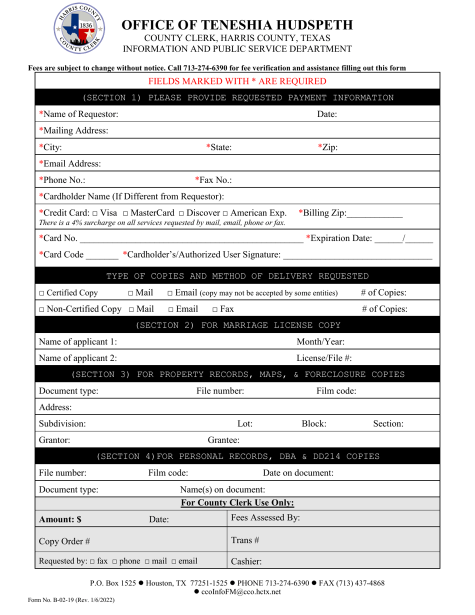 Form B-02-19 Credit Card Authorization Form - Harris County, Texas, Page 2