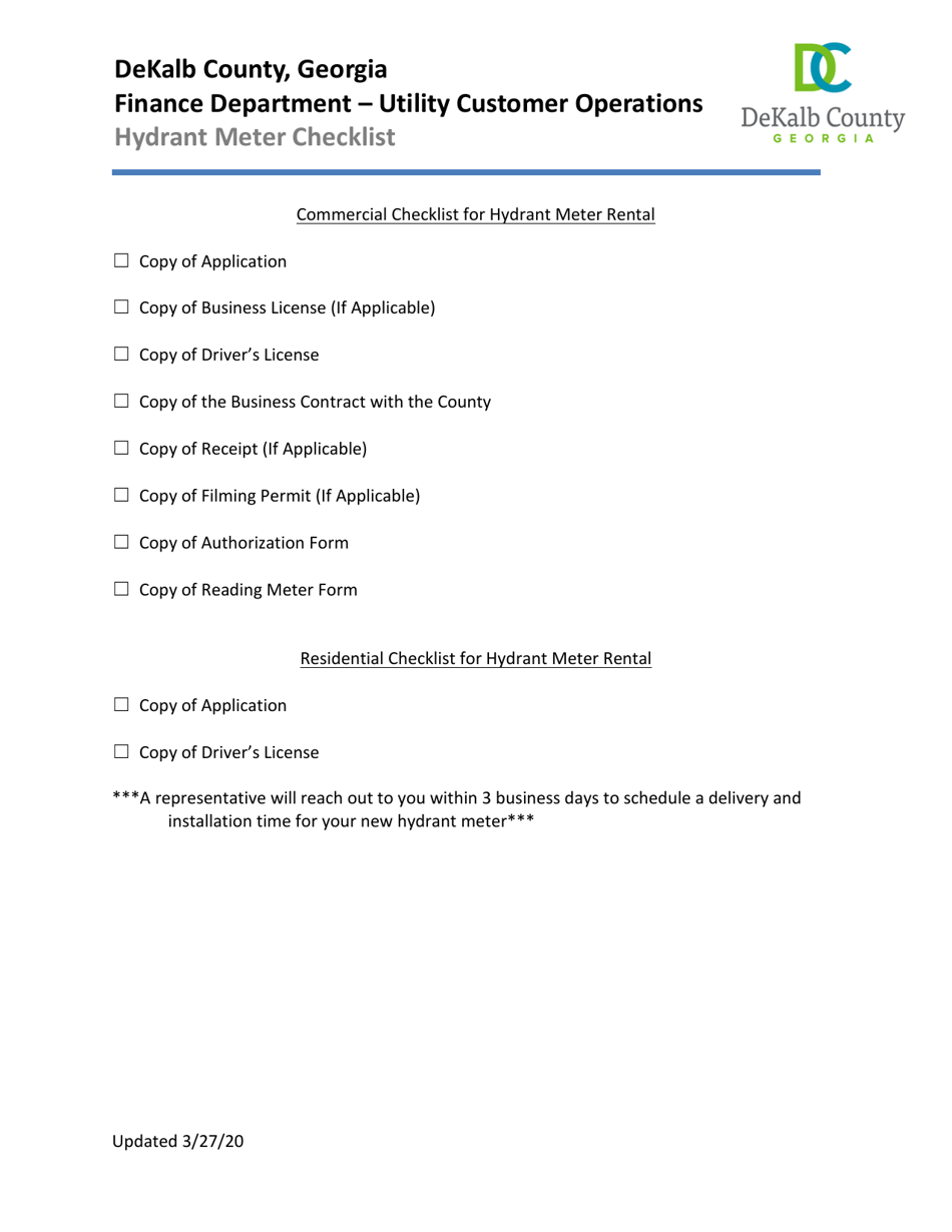 Commercial and Residential Checklist for Hydrant Meter Rental - DeKalb County, Georgia (United States), Page 1