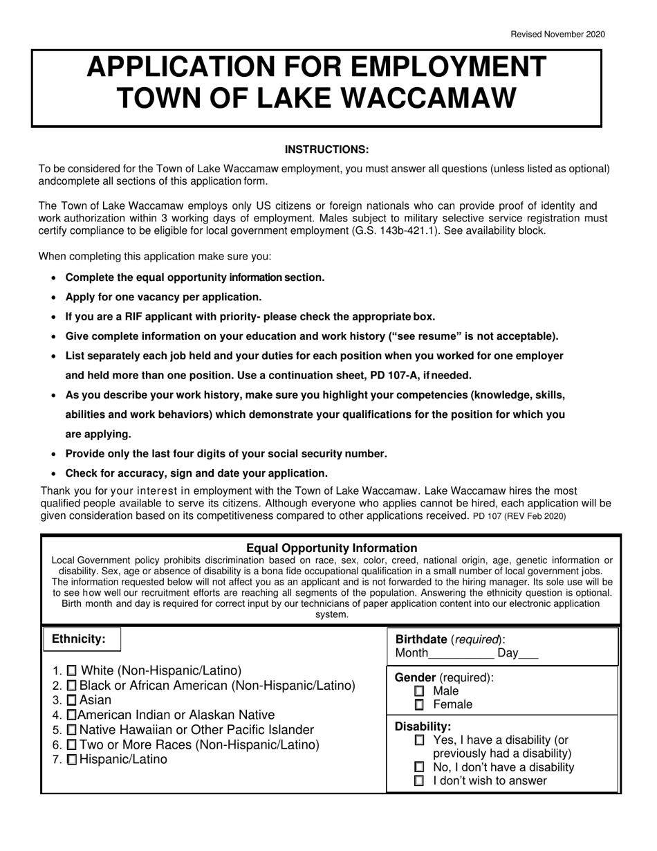 Form PD107 Application for Employment - Town of Lake Waccamaw, North Carolina, Page 1