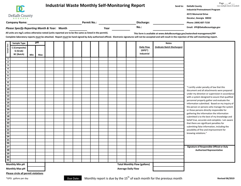Industrial Waste Monthly Self-monitoring Report - DeKalb County, Georgia (United States) Download Pdf