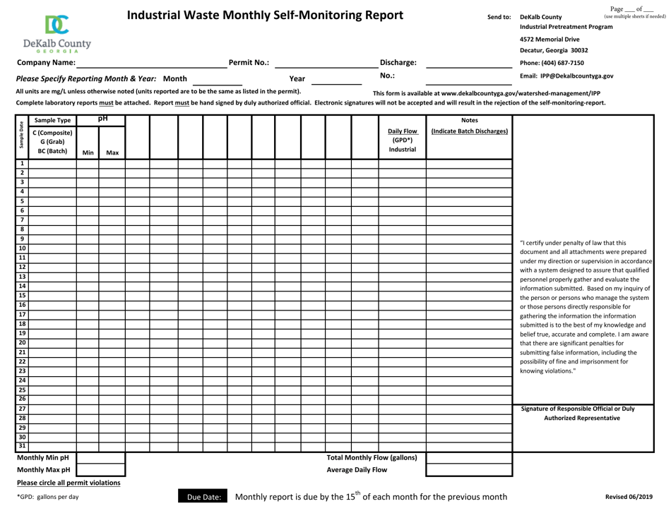 Industrial Waste Monthly Self-monitoring Report - DeKalb County, Georgia (United States), Page 1