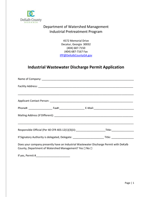 Industrial Wastewater Discharge Permit Application - DeKalb County, Georgia (United States) Download Pdf