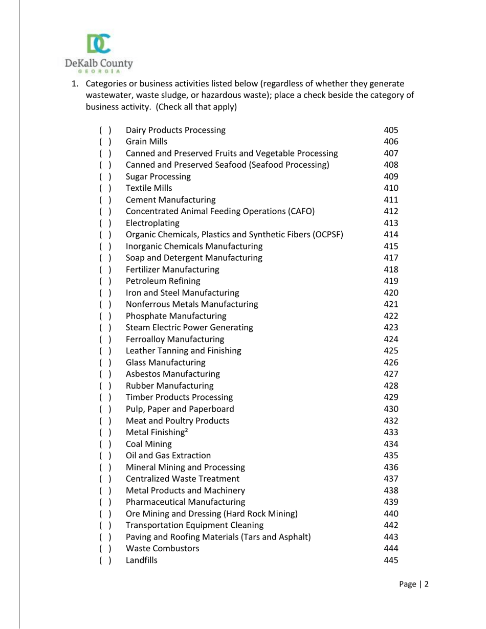 Industrial Wastewater Discharge Permit Application - DeKalb County, Georgia (United States), Page 2