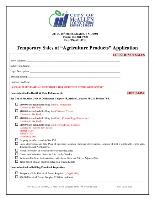 Temporary Sales of Agriculture Products Application - City of McAllen, Texas Download Pdf