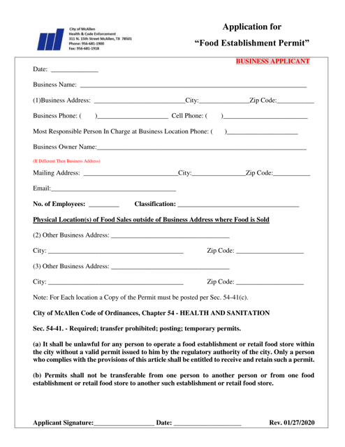 Application for Food Establishment Permit - City of McAllen, Texas Download Pdf