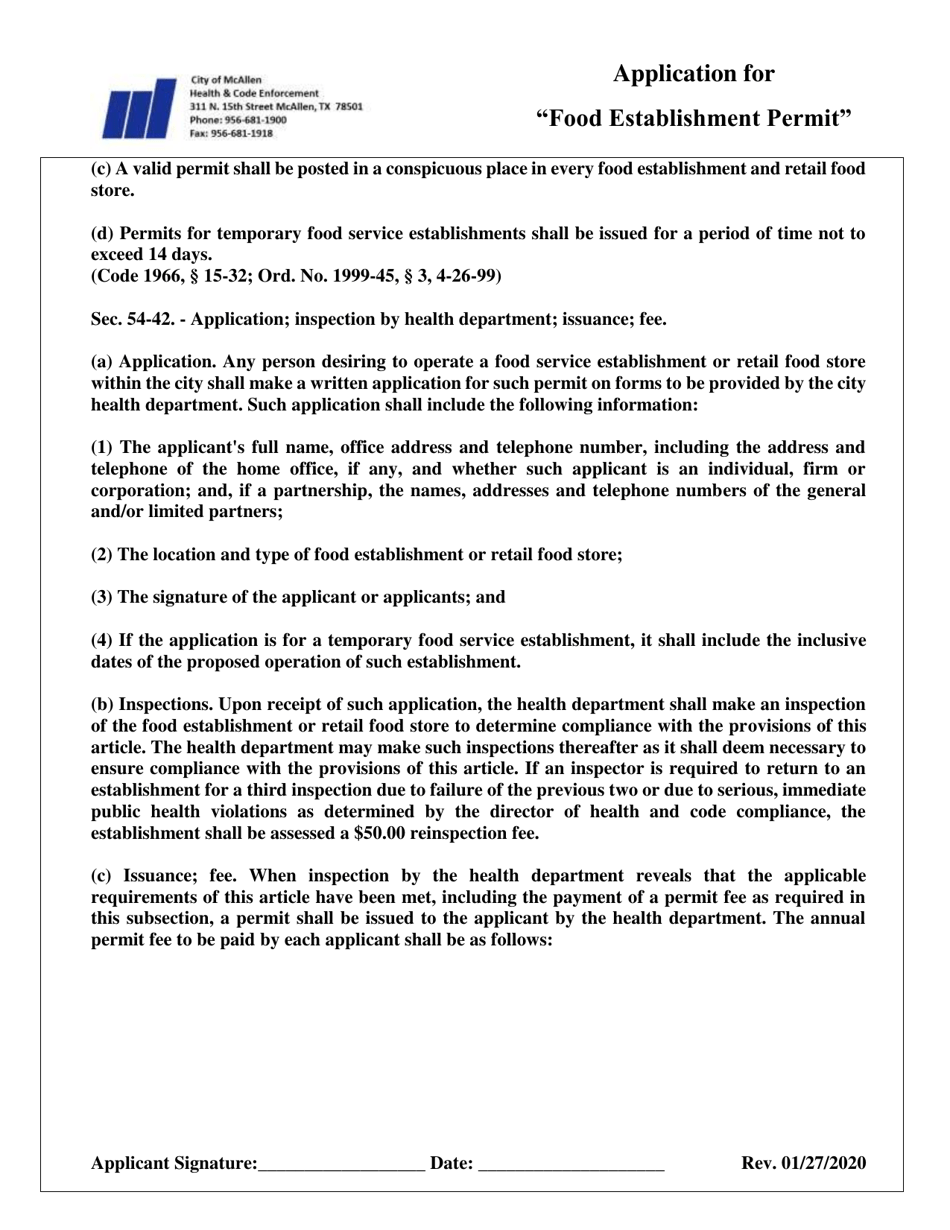 Application for Food Establishment Permit - City of McAllen, Texas, Page 2