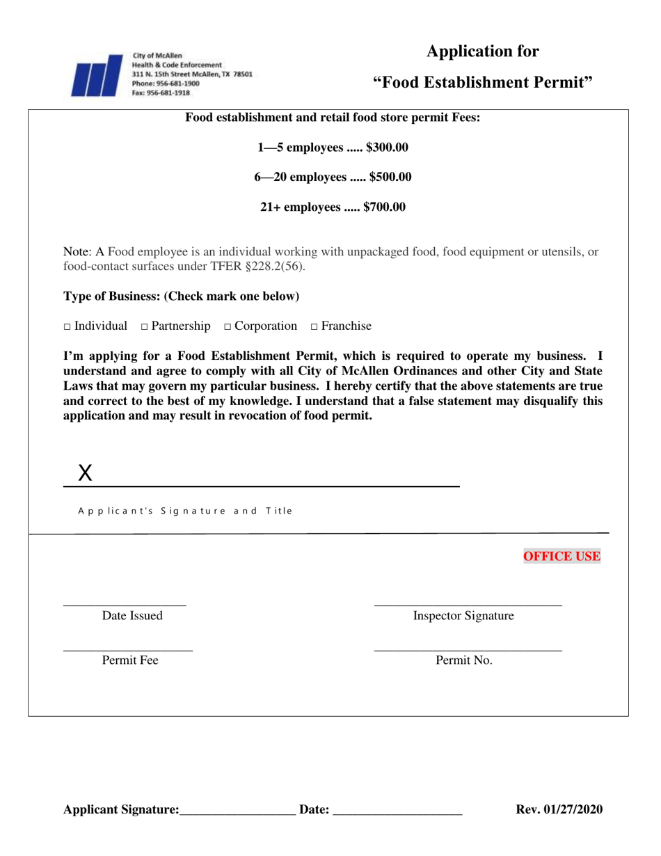 City of McAllen, Texas Application for Food Establishment Permit Fill