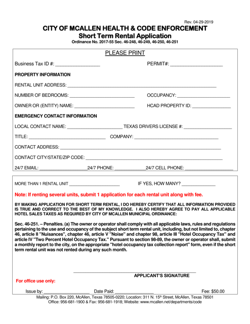 Short Term Rental Application - City of McAllen, Texas Download Pdf