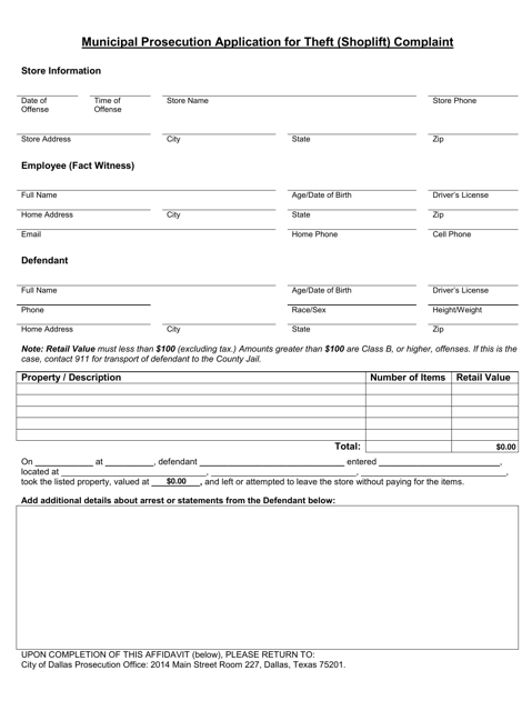Municipal Prosecution Application for Theft (Shoplift) Complaint - City of Dallas, Texas Download Pdf