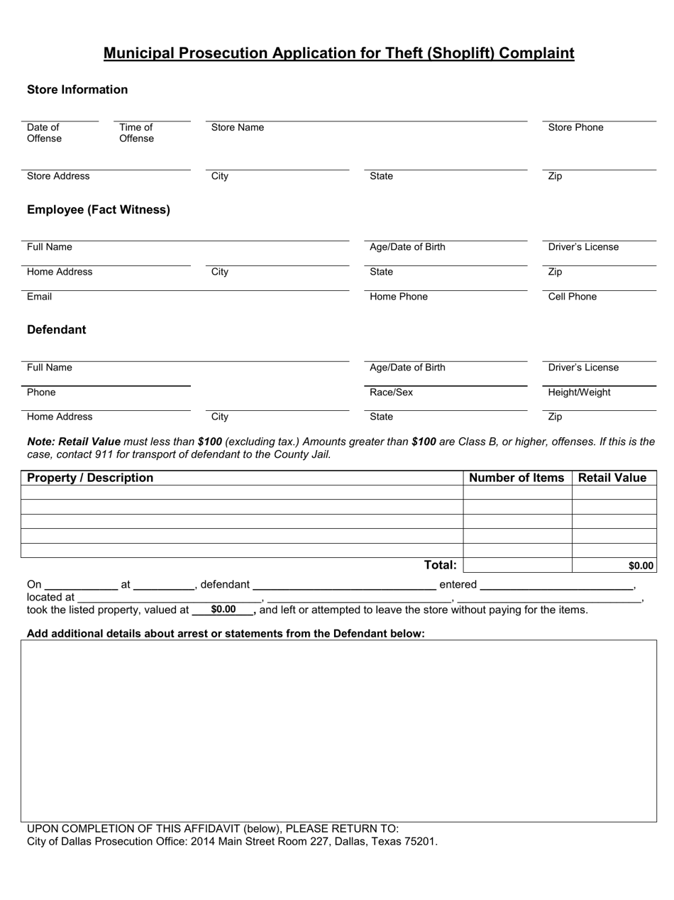Municipal Prosecution Application for Theft (Shoplift) Complaint - City of Dallas, Texas, Page 1