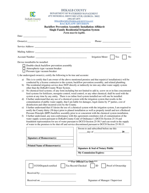 Backflow Prevention Assembly Installation Affidavit for Single Family Irrigation System - DeKalb County, Georgia (United States) Download Pdf