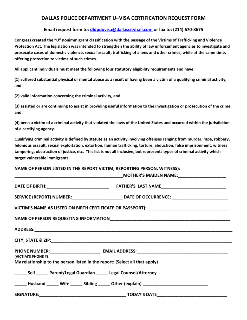 U-Visa Certification Request Form - City of Dallas, Texas (English / Spanish), Page 1