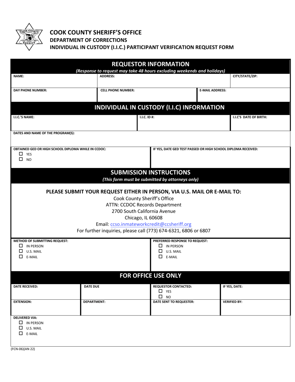 Form FCN-06 Individual in Custody (I.i.c.) Participant Verification Request Form - Cook County, Illinois, Page 1
