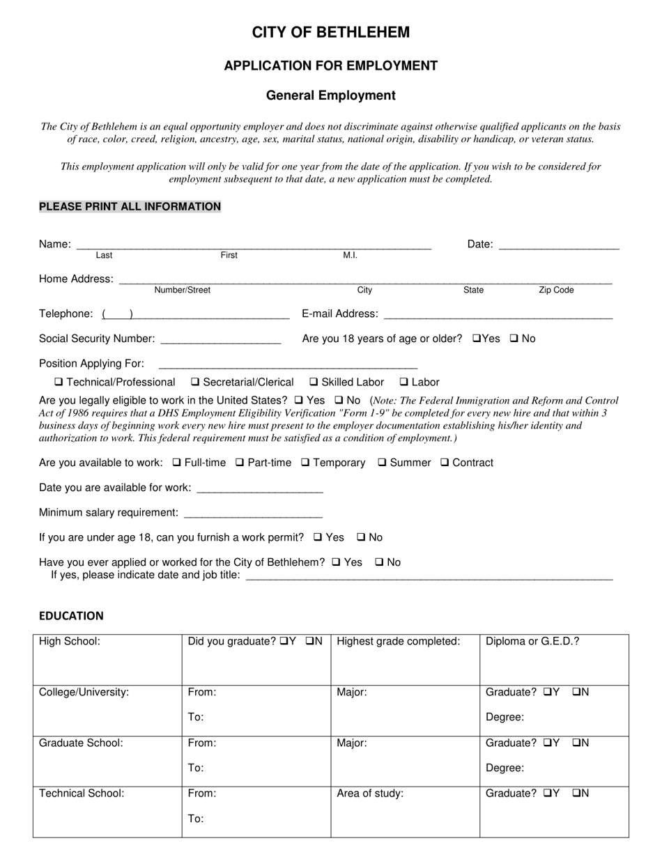 General Employment Application - City of Bethlehem, Pennsylvania, Page 1