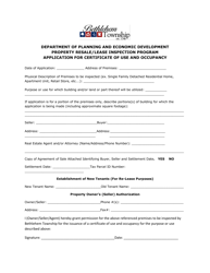 Document preview: Application for Certificate of Use and Occupancy - Property Resale/Lease Inspection Program - Bethlehem Township, Pennsylvania