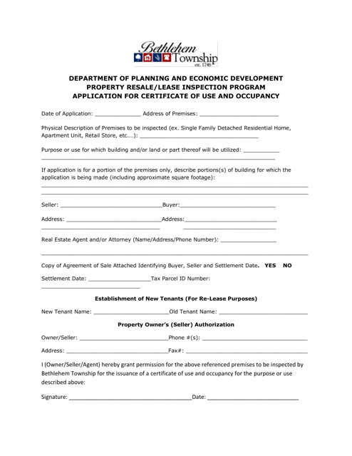 Application for Certificate of Use and Occupancy - Property Resale / Lease Inspection Program - Bethlehem Township, Pennsylvania Download Pdf