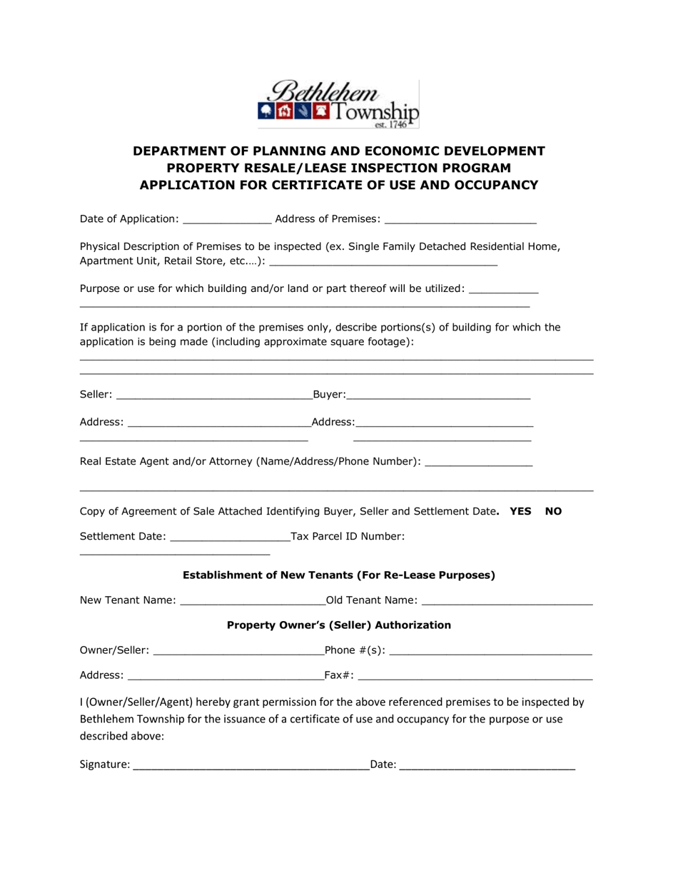 Application for Certificate of Use and Occupancy - Property Resale / Lease Inspection Program - Bethlehem Township, Pennsylvania, Page 1