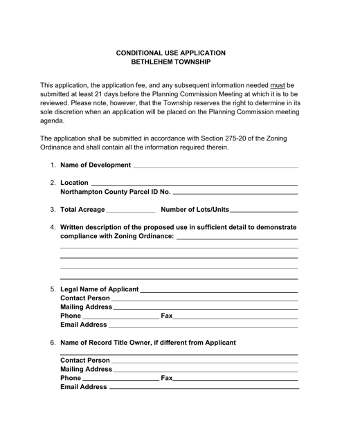 Conditional Use Application - Bethlehem Township, Pennsylvania Download Pdf