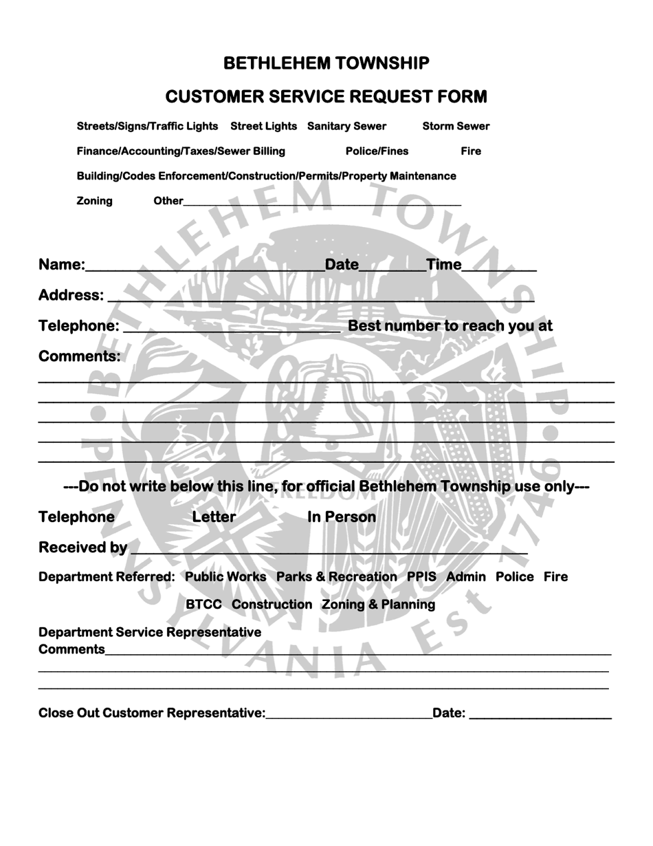 Customer Service Request Form - Bethlehem Township, Pennsylvania, Page 1