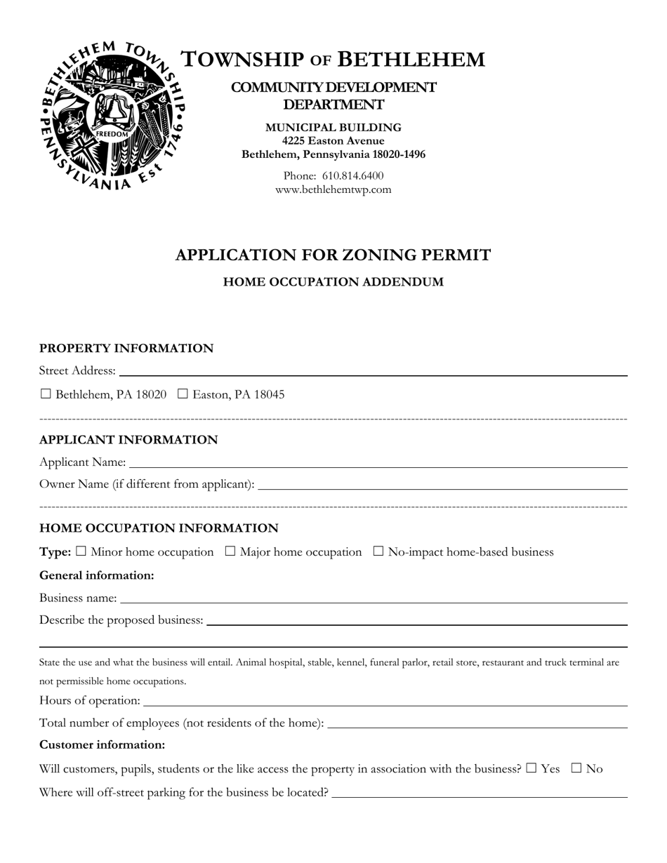 Application for Zoning Permit - Home Occupation Addendum - Bethlehem Township, Pennsylvania, Page 1