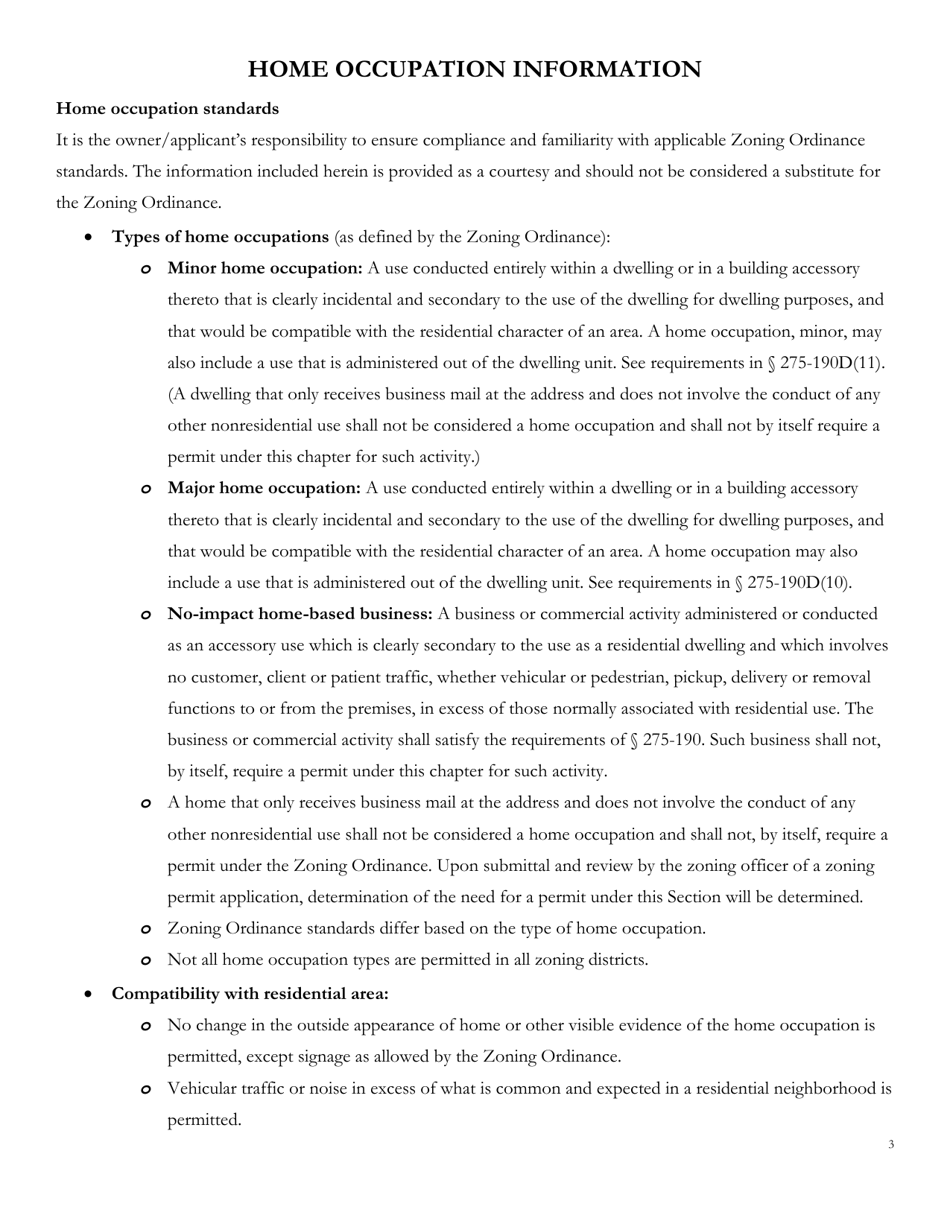 Application for Zoning Permit - Home Occupation Addendum - Bethlehem Township, Pennsylvania, Page 3