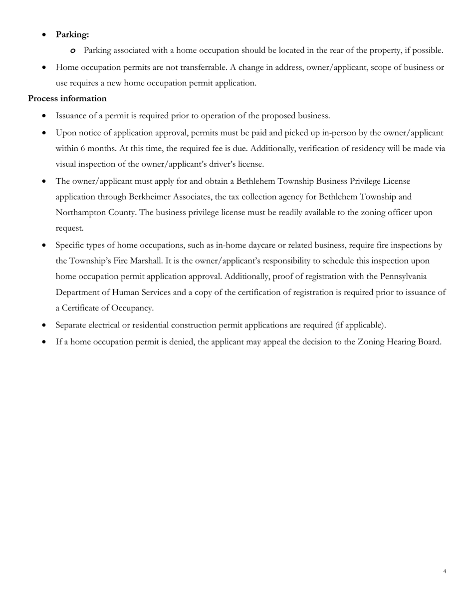 Application for Zoning Permit - Home Occupation Addendum - Bethlehem Township, Pennsylvania, Page 4
