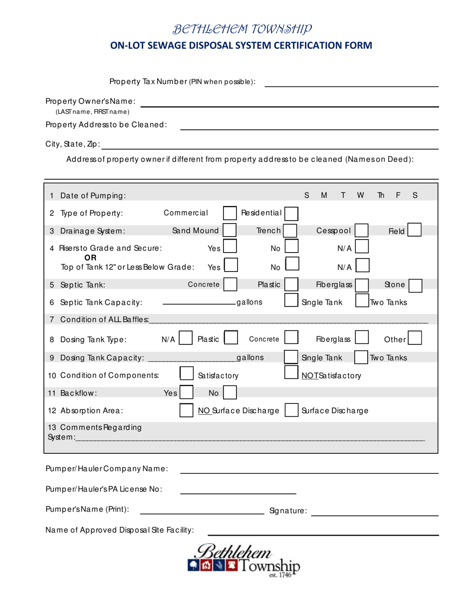 On-Lot Sewage Disposal System Certification Form - Township of Bethlehem, Pennsylvania, Page 1