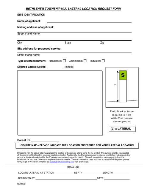 Lateral Location Request Form - Township of Bethlehem, Pennsylvania Download Pdf