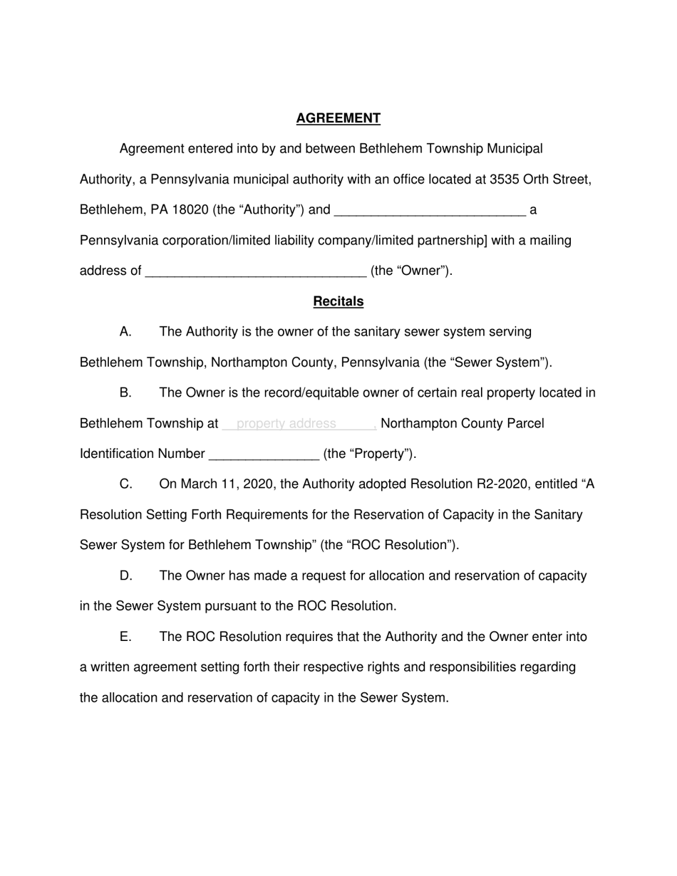 Btma Roc Agreement - Bethlehem Township, Pennsylvania, Page 1