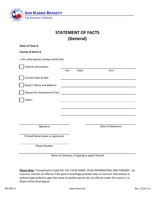 Form MV-001-A Statement of Facts (General) - Harris County, Texas