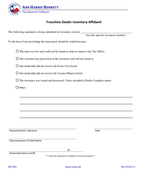 Form MV-010 Franchise Dealer Inventory Affidavit - Harris County, Texas