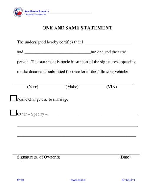 Form MV-50 One and Same Statement - Harris County, Texas