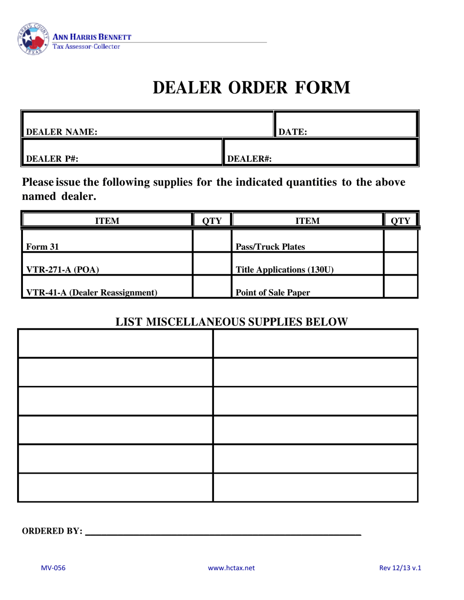 Form MV-056 Dealer Supply Order Form - Harris County, Texas, Page 1