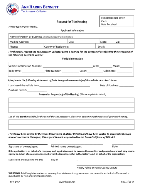 Form MV-146A Request for Title Hearing - Harris County, Texas