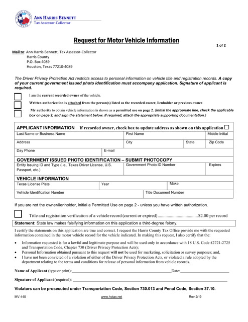 Form MV-440 Request for Motor Vehicle Information - Harris County, Texas
