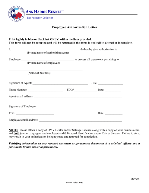 Form MV-560 Employee Authorization Letter - Harris County, Texas
