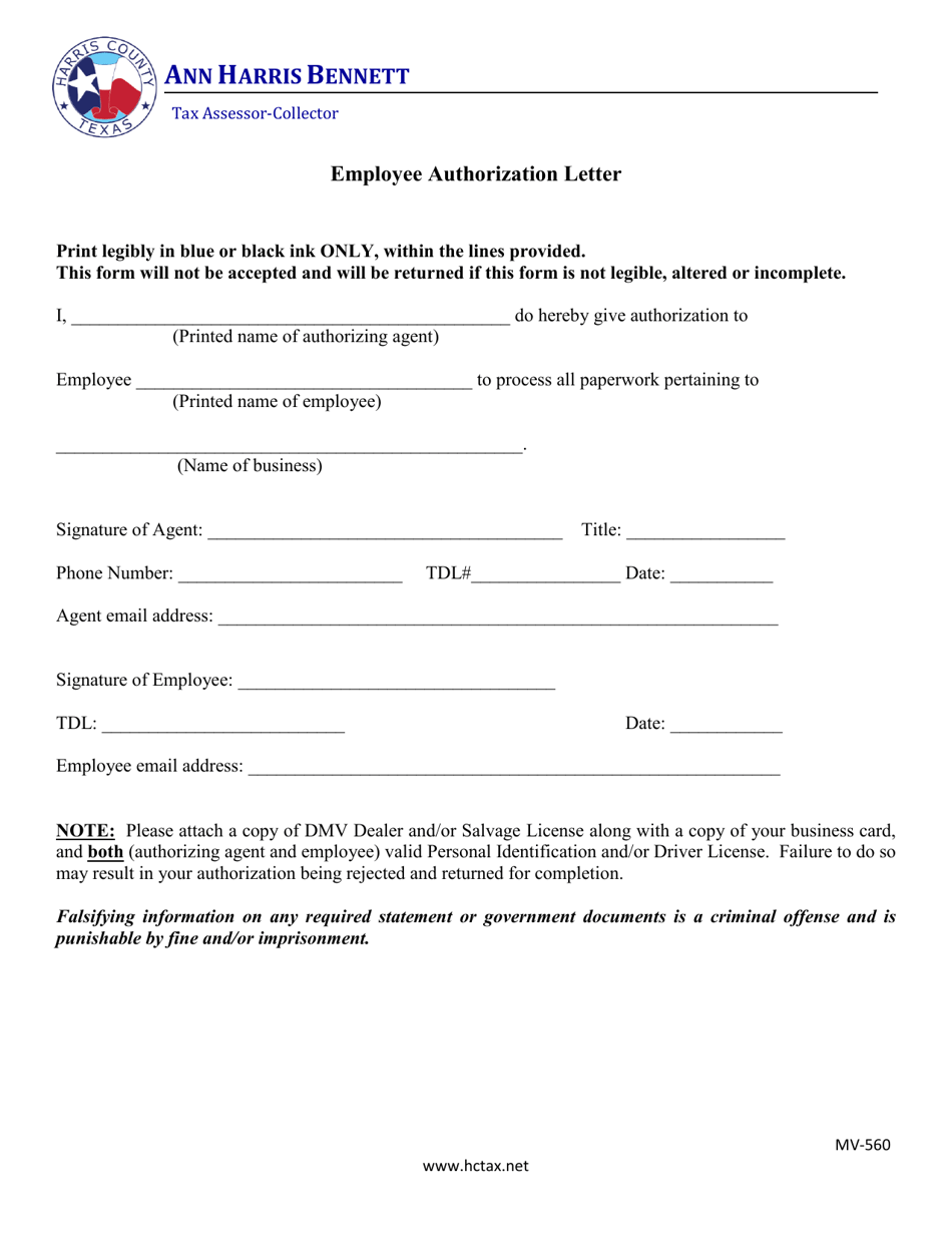 Form MV560 Download Fillable PDF or Fill Online Employee Authorization